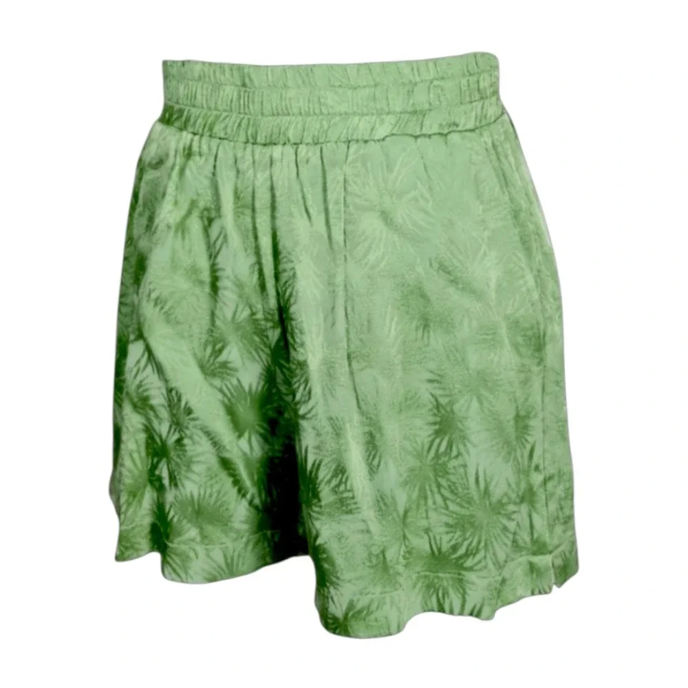 S'EDGE Sedge GREEN PALM PRINT SATIN SHORTS Jacquard Design PULL-ON Pockets S